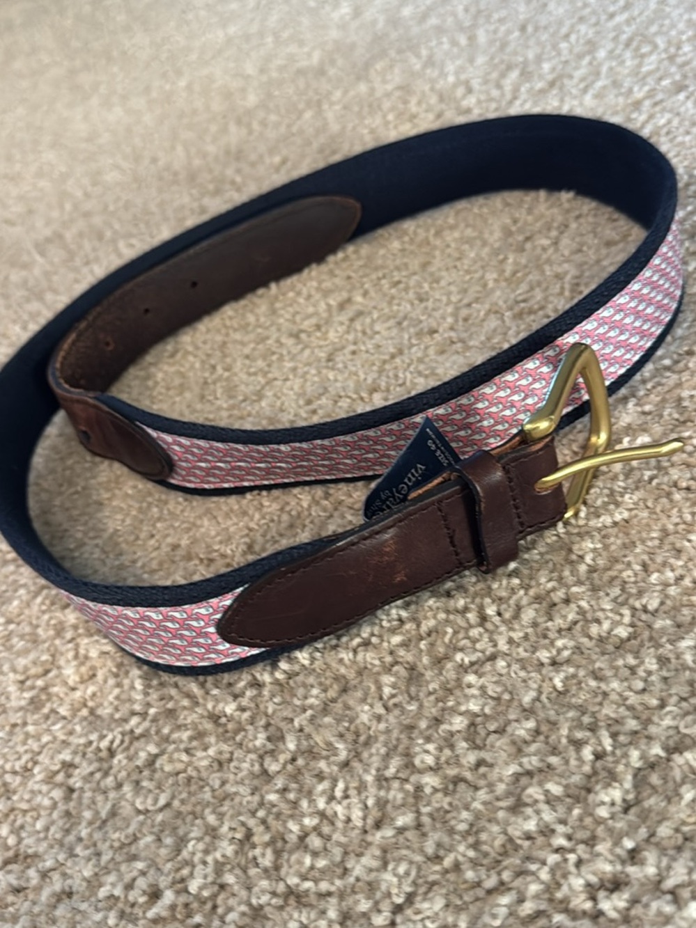 Vineyard Vines Pink Patterned Canvas Belt with Navy Edges and Brown Leather